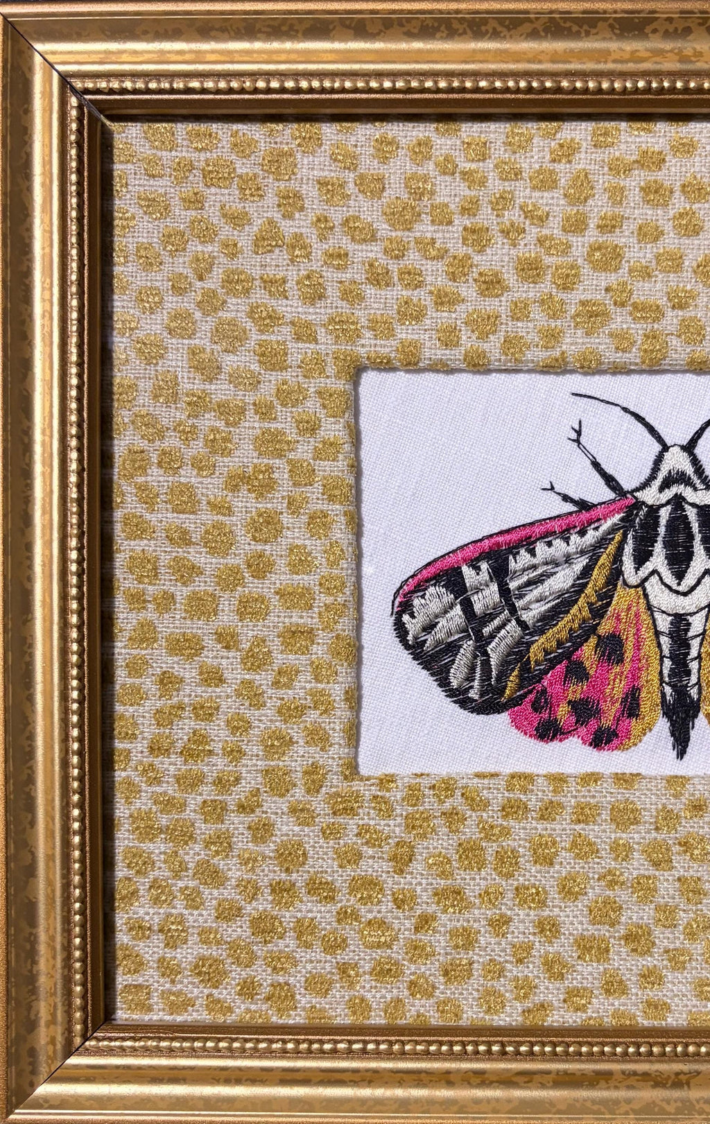 Custom Embroidered Butterfly Tiger Moth Wall Art | Tully Goldenrod Fabric Mat, Gold Frame Optional