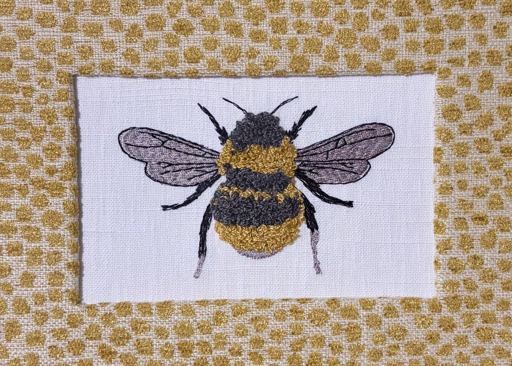 Custom Embroidered Bee Wall Art on Boucle Fabric with Goldenrod Mat, Optional Gold Frame