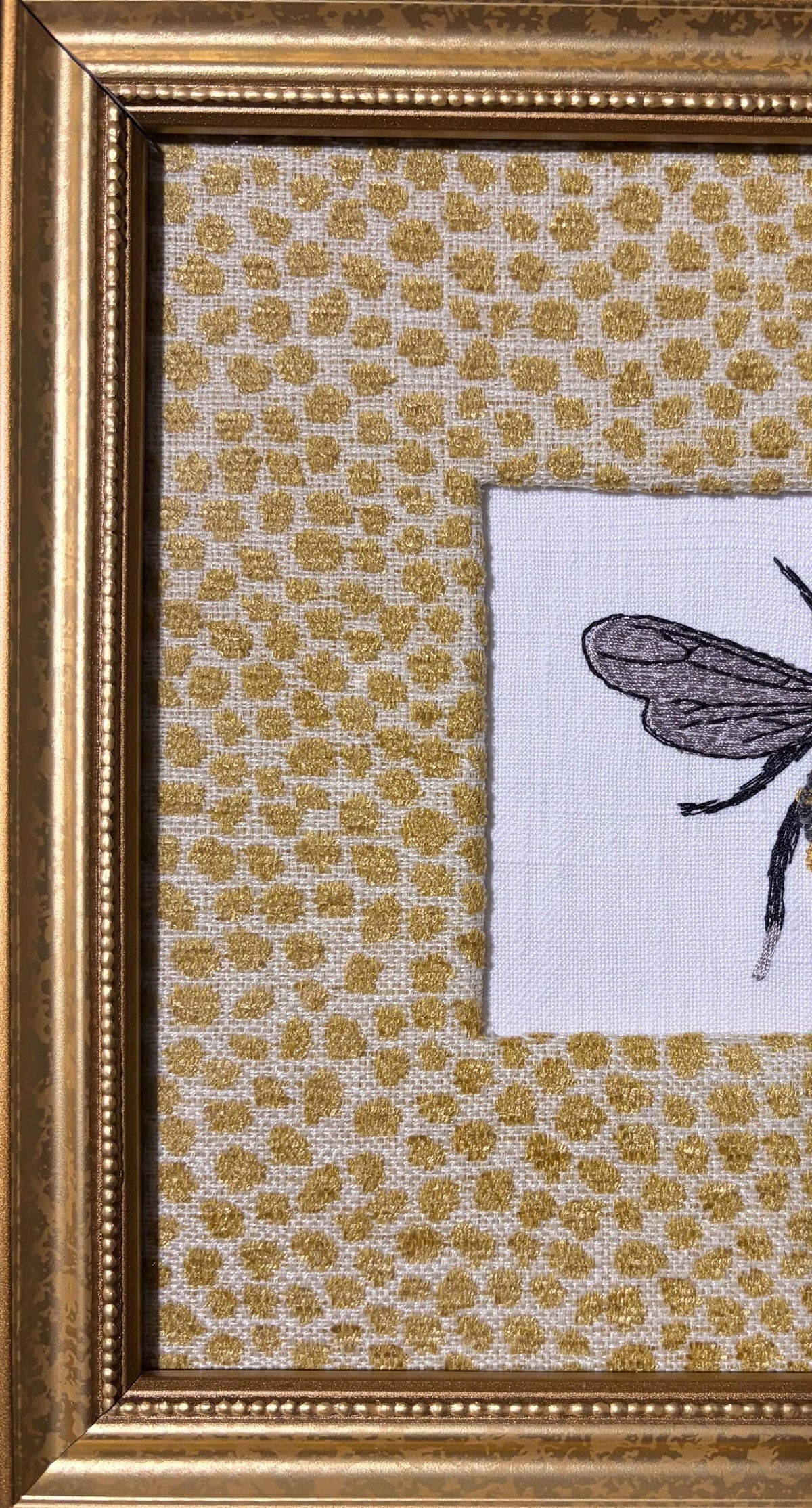 Custom Embroidered Bee Wall Art on Boucle Fabric with Goldenrod Mat, Optional Gold Frame