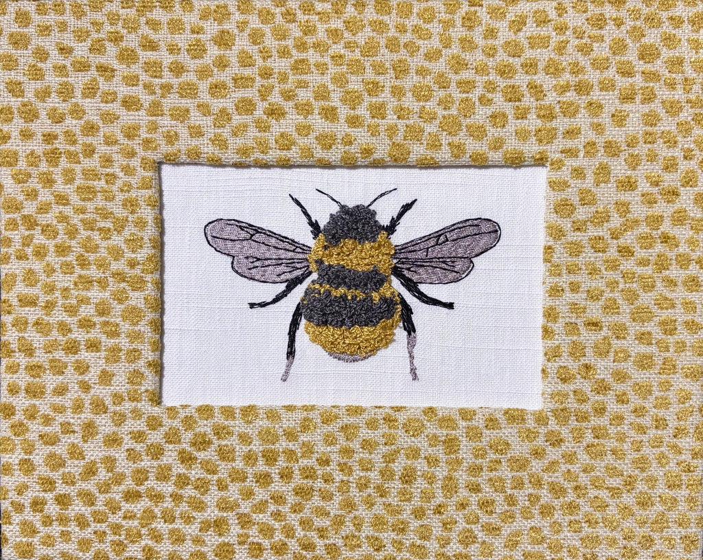 Custom Embroidered Bee Wall Art on Boucle Fabric with Goldenrod Mat, Optional Gold Frame