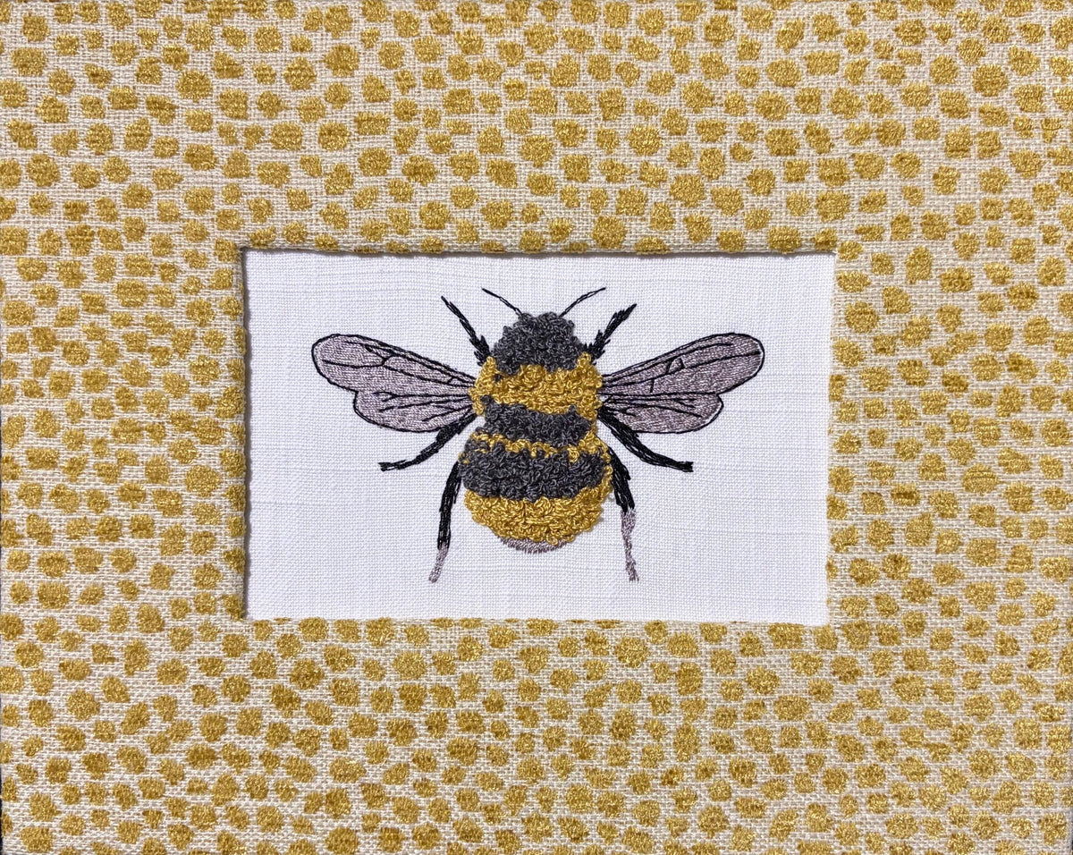 Custom Embroidered Bee Wall Art on Boucle Fabric with Goldenrod Mat, Optional Gold Frame