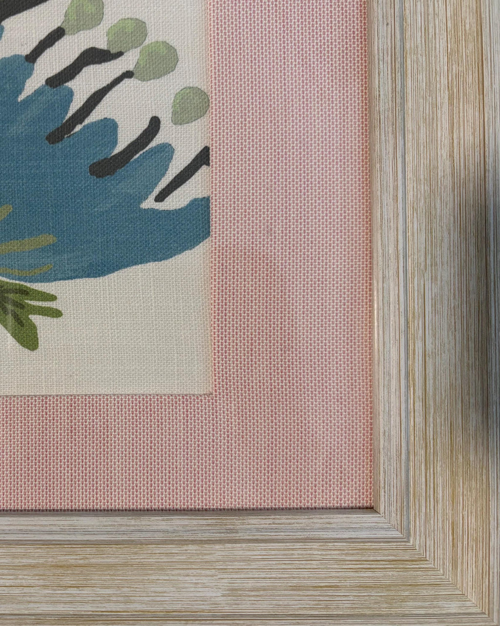 Ballard Designs Lyle Green Fabric Framed Wall Art with Canvas Pedal Custom Matting Distressed White Frame Botanical Gift