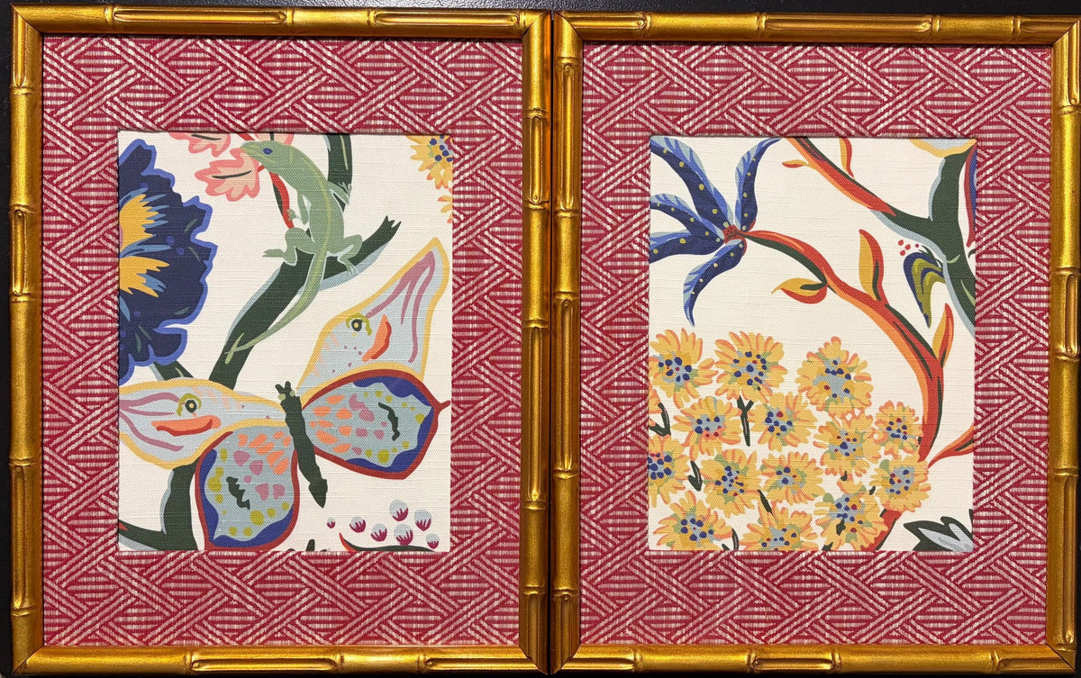 Ballard Designs Millie Fabric Wall Art – Pair of 12x15 Bamboo Gold Framed Home Decor