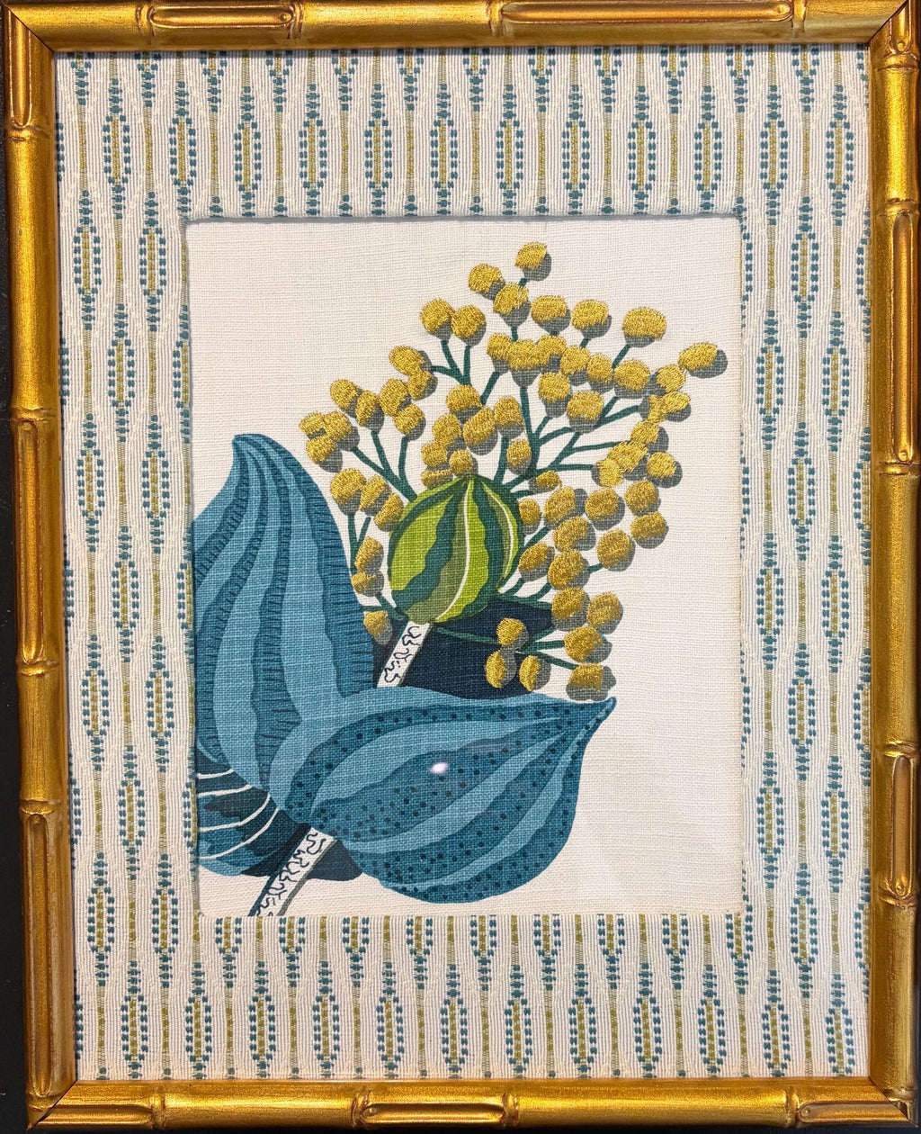 Pair of Custom Ballard Designs Emmie Fabric Wall Art — 12x15 Bamboo Gold Frame