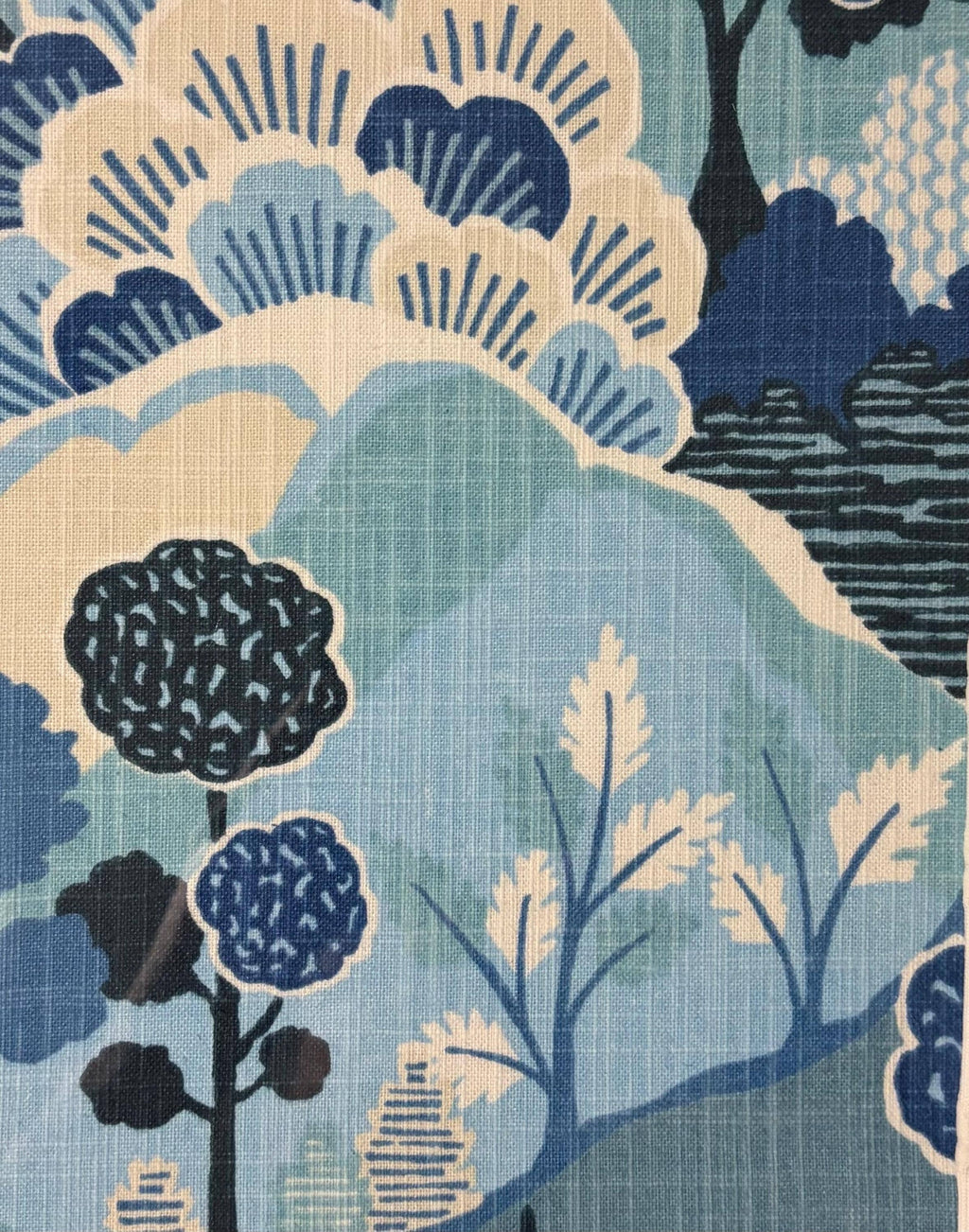 Pair of Framed Washburn Mediterranean Fabric Wall Art — Blue & White Garden Landscape, 12×15 Gold Bamboo Frame Textile Art