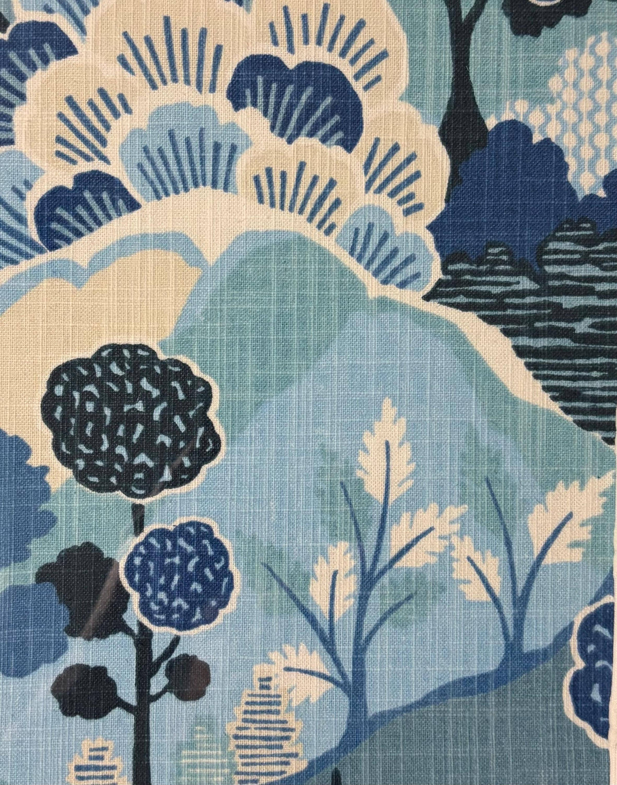 Pair of Framed Washburn Mediterranean Fabric Wall Art — Blue & White Garden Landscape, 12×15 Gold Bamboo Frame Textile Art