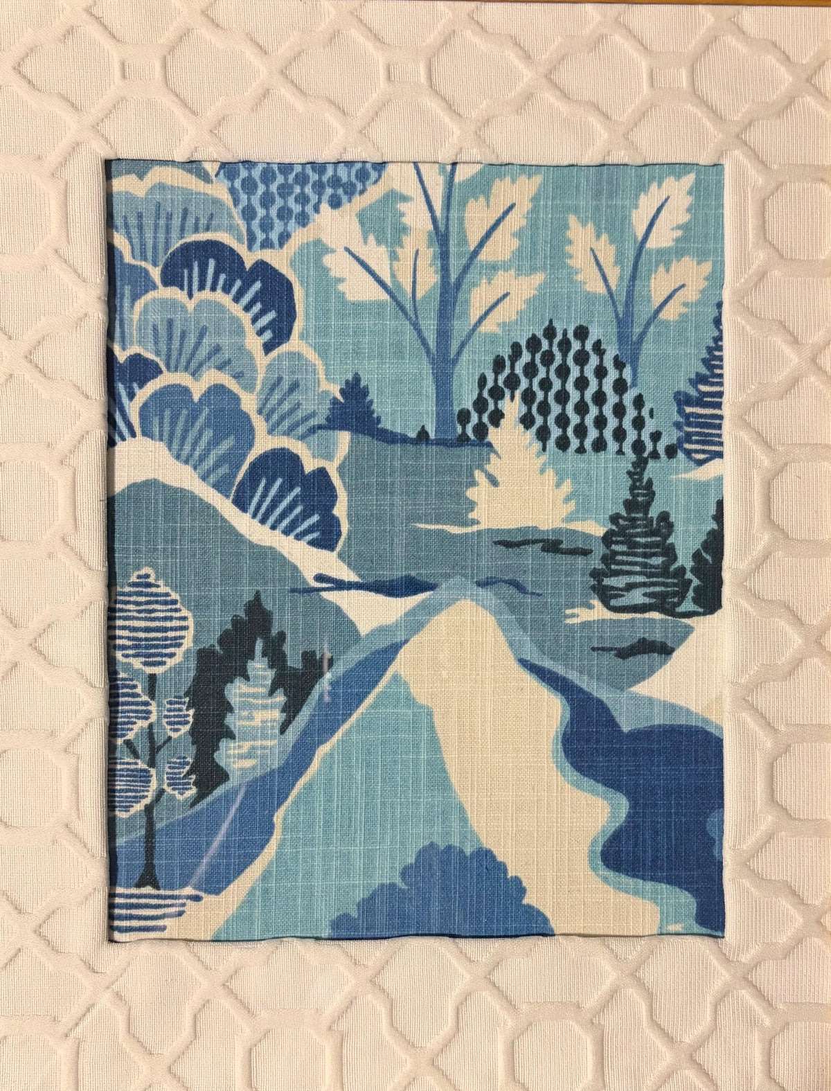 Pair of Framed Washburn Mediterranean Fabric Wall Art — Blue & White Garden Landscape, 12×15 Gold Bamboo Frame Textile Art