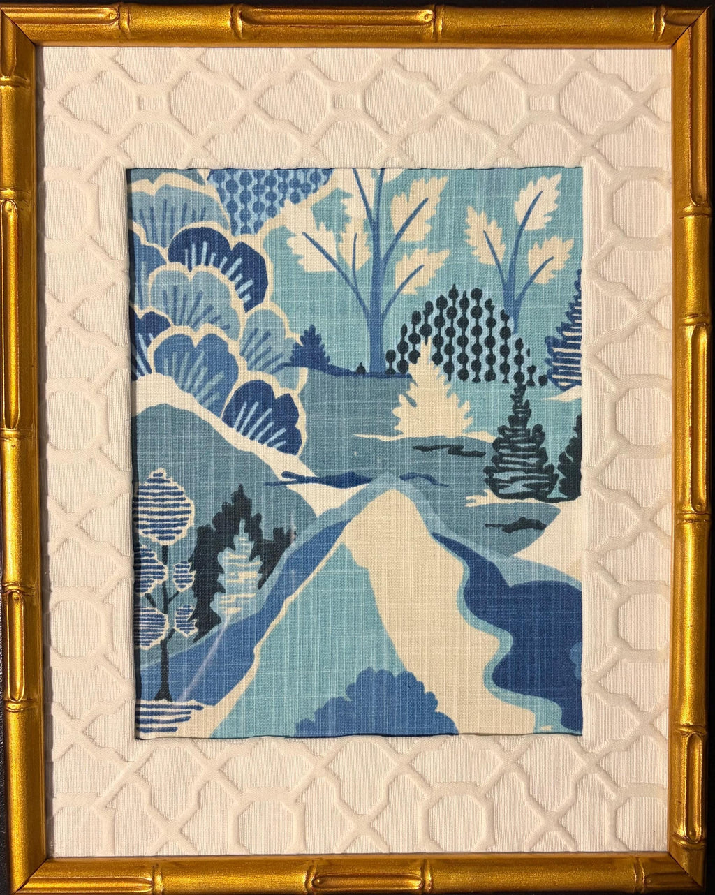 Pair of Framed Washburn Mediterranean Fabric Wall Art — Blue & White Garden Landscape, 12×15 Gold Bamboo Frame Textile Art