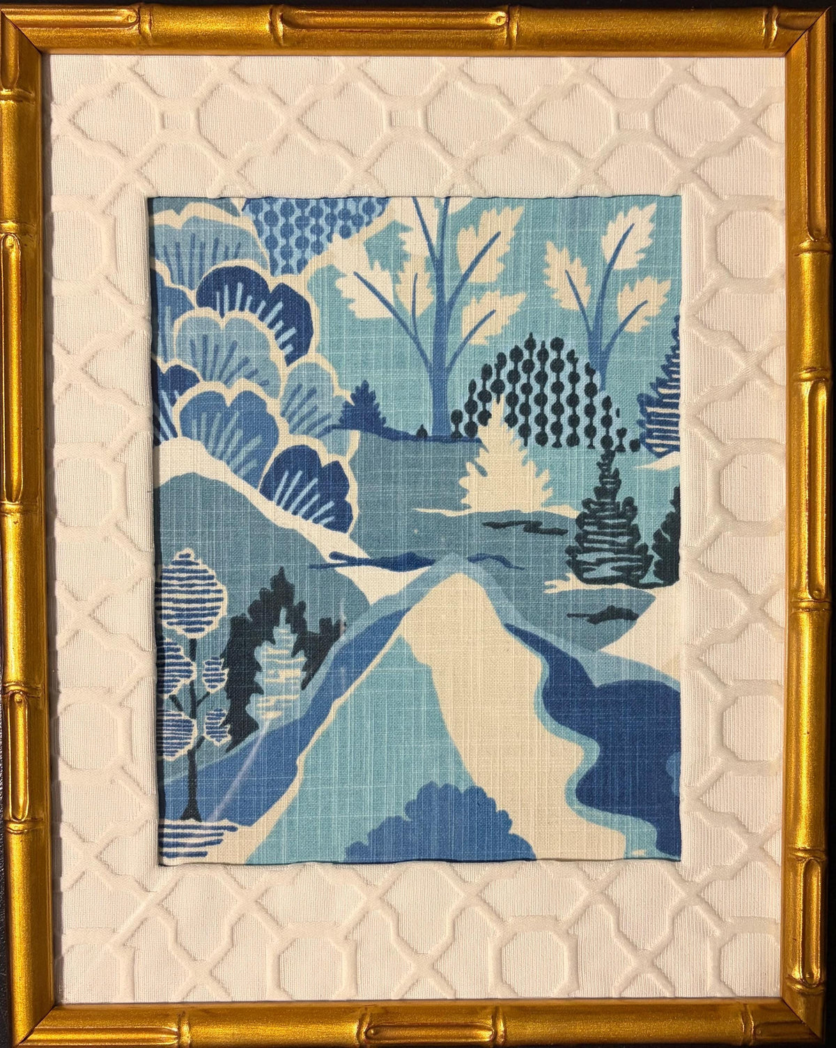 Pair of Framed Washburn Mediterranean Fabric Wall Art — Blue & White Garden Landscape, 12×15 Gold Bamboo Frame Textile Art