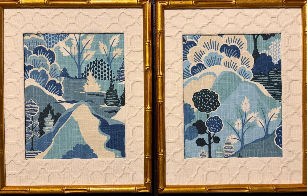 Pair of Framed Washburn Mediterranean Fabric Wall Art — Blue & White Garden Landscape, 12×15 Gold Bamboo Frame Textile Art