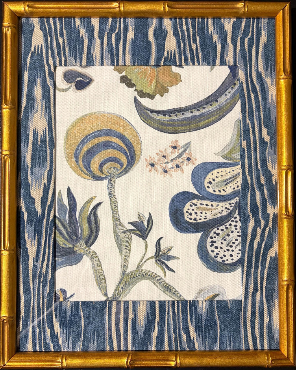 Custom Framed Ballard Designs Fabric Art (12x15) – Isadore Blue Ikat Gold Bamboo Frame