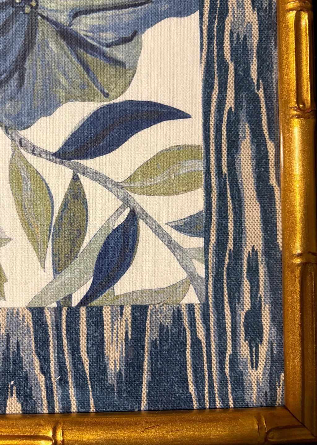 Custom Framed Ballard Designs Fabric Art: Isadore Blue Floral, Darcy Blue Ikat Mat
