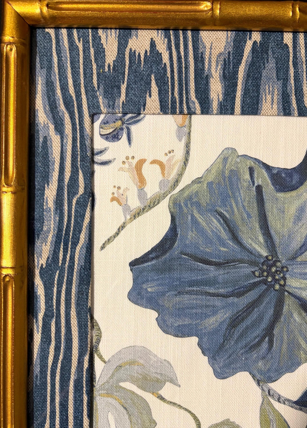 Custom Framed Ballard Designs Fabric Art: Isadore Blue Floral, Darcy Blue Ikat Mat