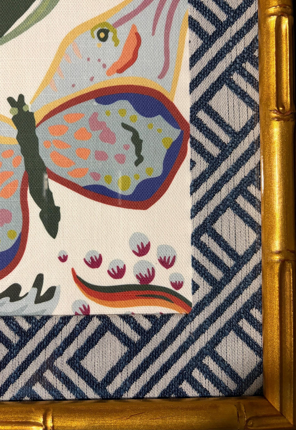 Ballard Designs Butterfly Lizard Fabric Framed Wall Art 12x15 Gold Bamboo Frame Millie Decor
