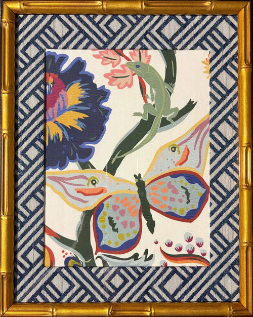 Ballard Designs Butterfly Lizard Fabric Framed Wall Art 12x15 Gold Bamboo Frame Millie Decor