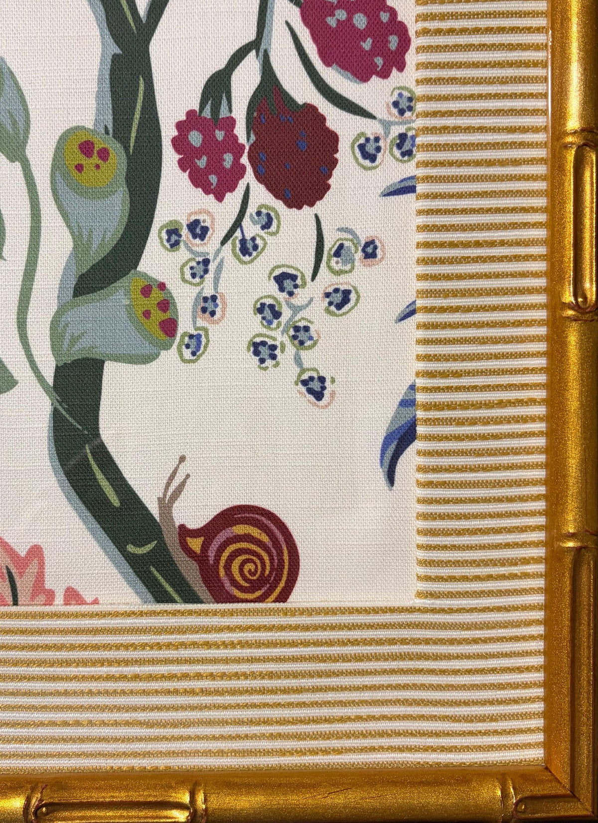 Custom Framed Ballard Designs Millie Blue Fabric with Biff Gold Mat 12x15 Wall Art