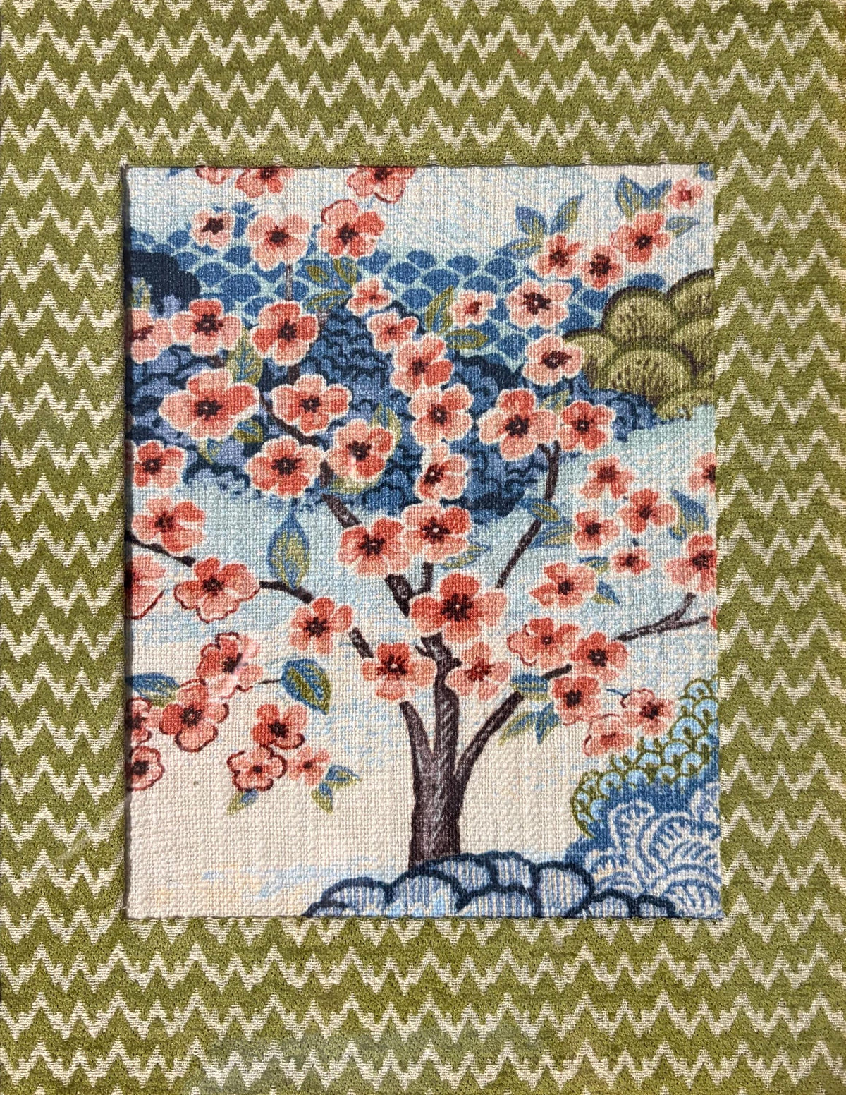Chinoiserie Cherry Blossom Fabric Art – Wasabi Mat, Gold Bamboo Frame (12×15)