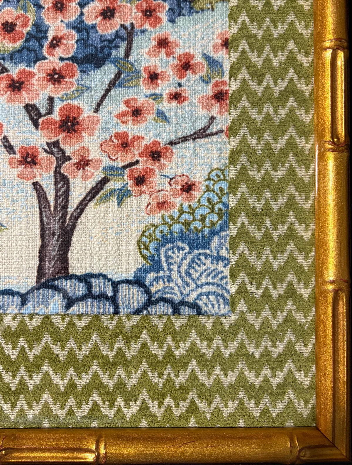 Chinoiserie Cherry Blossom Fabric Art – Wasabi Mat, Gold Bamboo Frame (12×15)