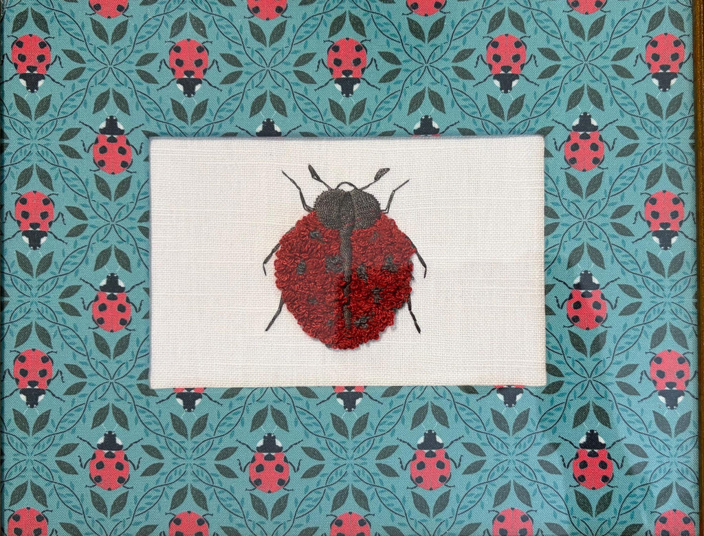 Embroidered Boucle Ladybug Art - Custom Matted Gold Frame Textile Wall Decor, 9.125" x 11.125"