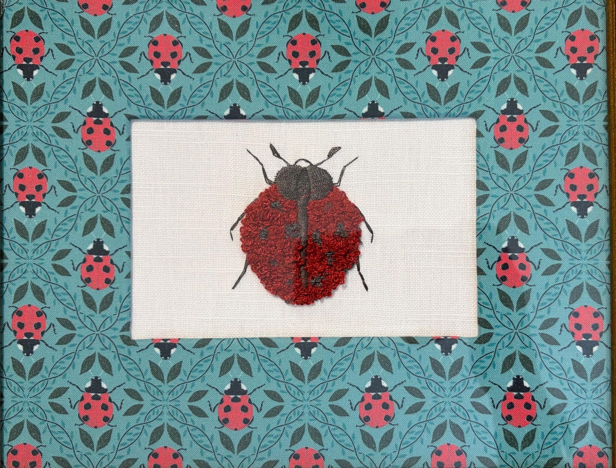 Embroidered Boucle Ladybug Art - Custom Matted Gold Frame Textile Wall Decor, 9.125" x 11.125"