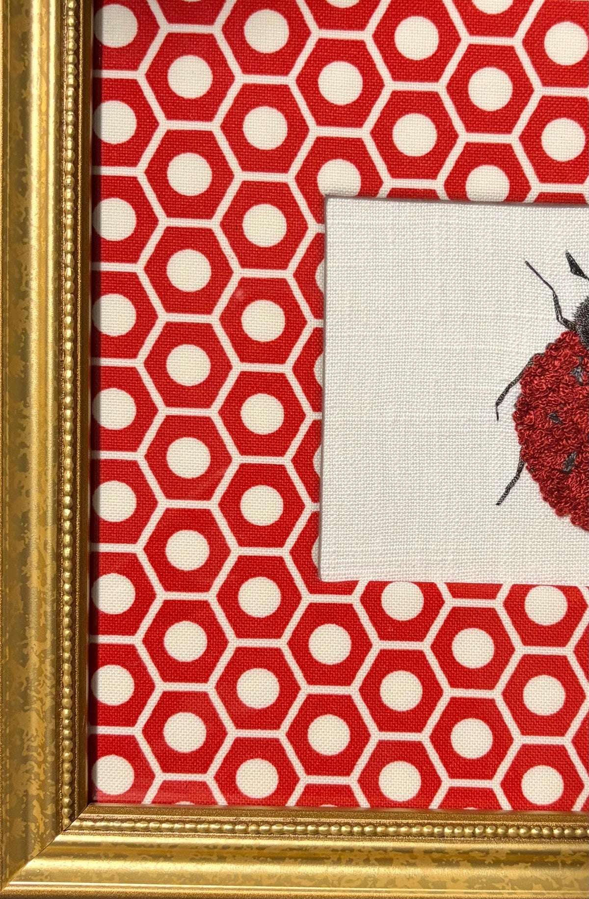 Embroidered Boucle Ladybug Art – custom Schumacher Queen B Fabric mat, Gold Frame (9.125" x 11.125")