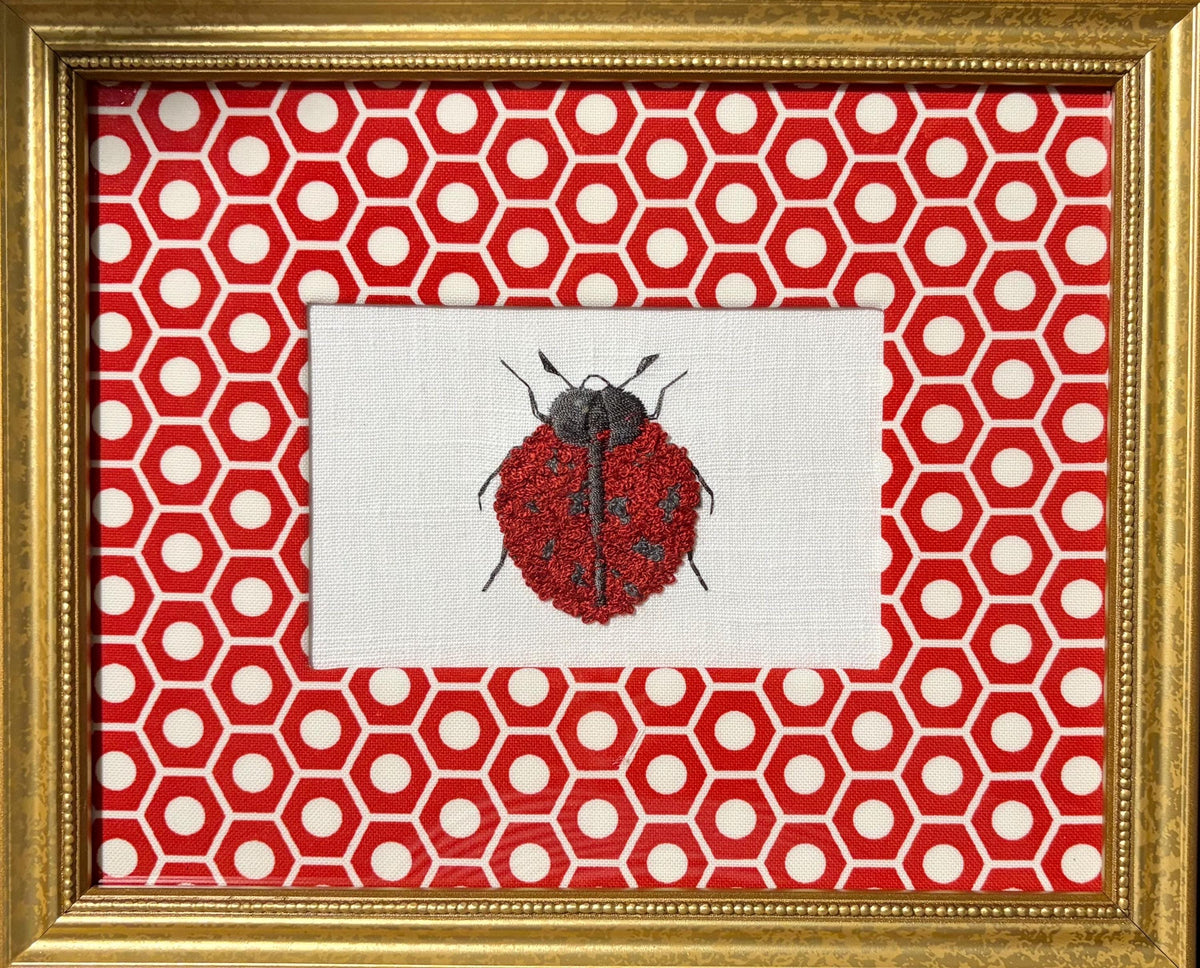 Embroidered Boucle Ladybug Art – custom Schumacher Queen B Fabric mat, Gold Frame (9.125" x 11.125")