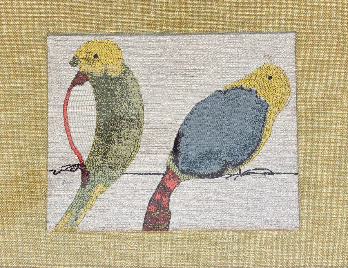 Green & Gold Bird Pair — Woven Fabric Wall Art, 13x16 Gold Frame