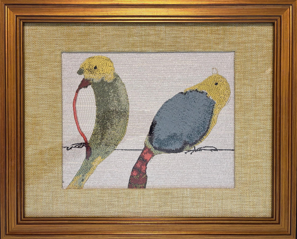 Green & Gold Bird Pair — Woven Fabric Wall Art, 13x16 Gold Frame