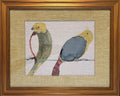 Green & Gold Bird Pair — Woven Fabric Wall Art, 13x16 Gold Frame