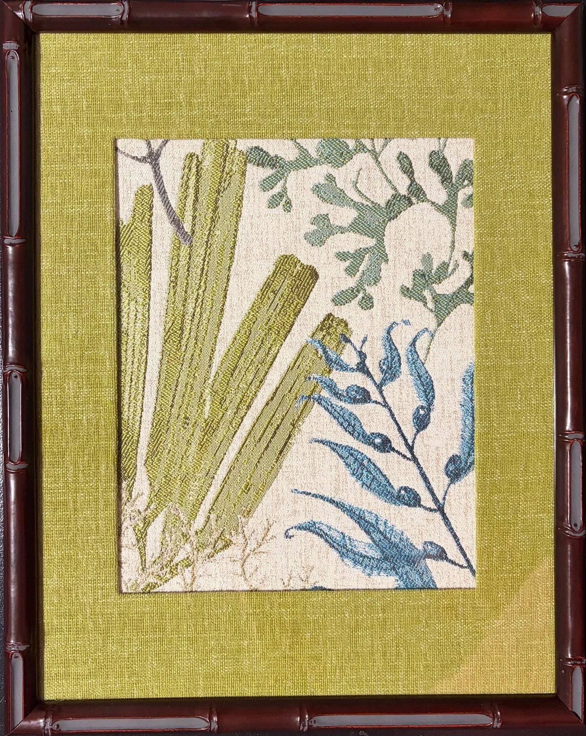 Fan Palm & Teal Botanicals — Wakame Fabric Wall Art, 12x15 Mahogany Bamboo Frame