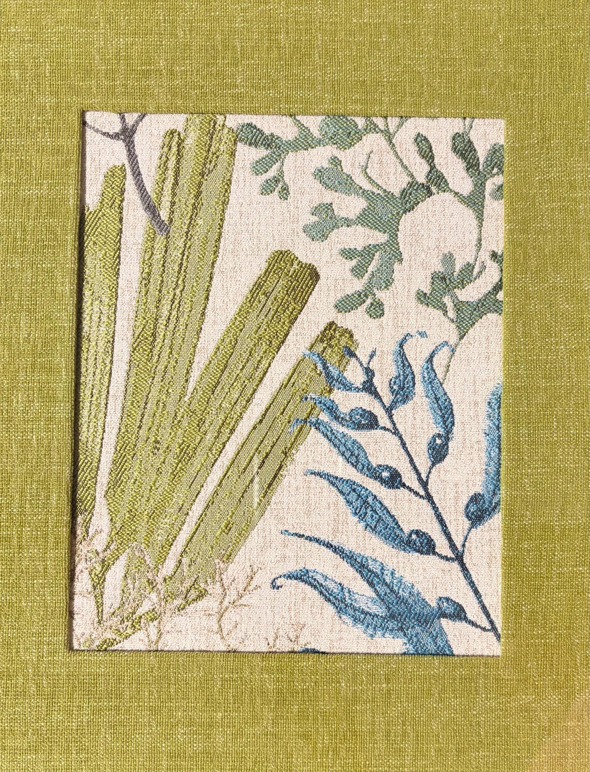 Fan Palm & Teal Botanicals — Wakame Fabric Wall Art, 12x15 Mahogany Bamboo Frame