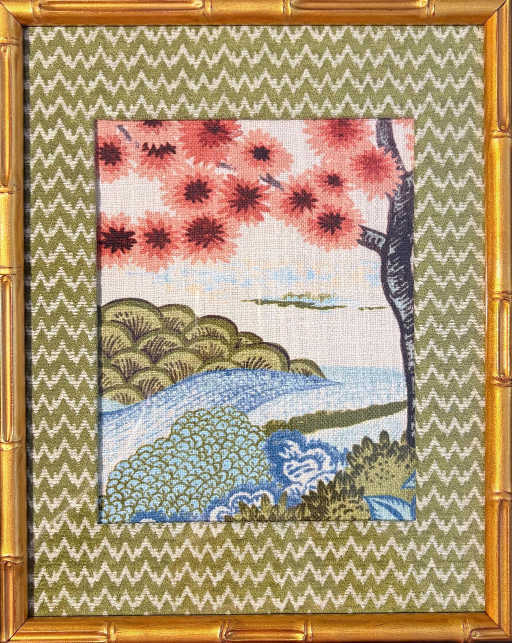 Chinoiserie Cherry Blossom Fabric Art – Wasabi Chevron Mat, Gold Bamboo Frame (12×15)