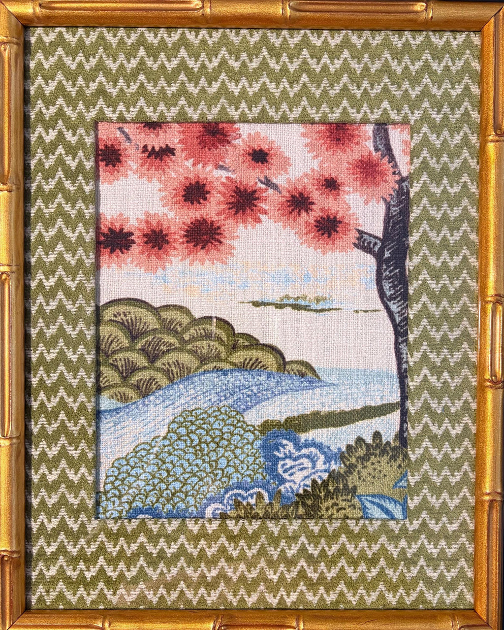 Chinoiserie Cherry Blossom Fabric Art – Wasabi Chevron Mat, Gold Bamboo Frame (12×15)