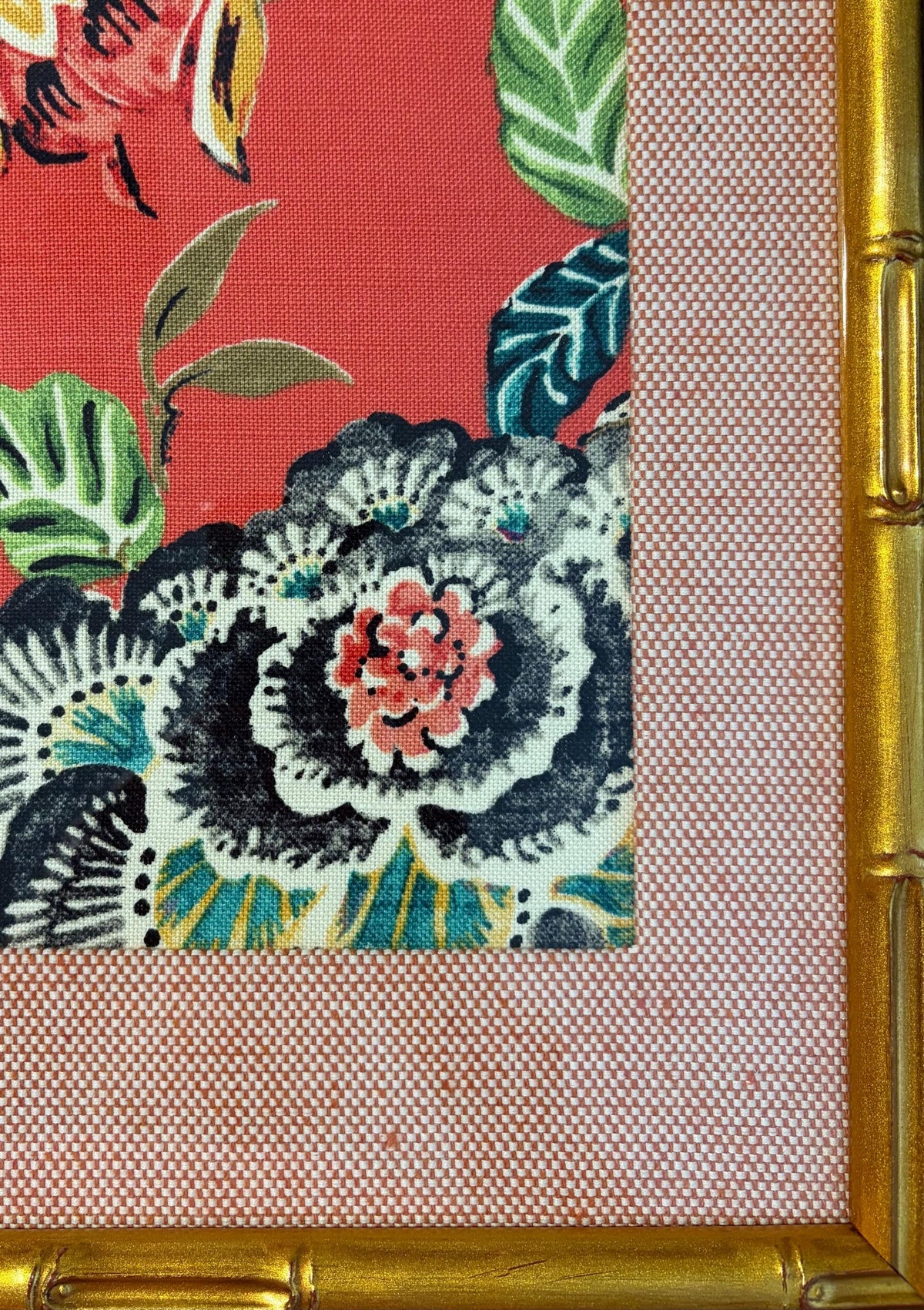 Maximalist Coral Red Floral Fabric Art in Gold Bamboo Frame - Peony & Tropical Foliage Wall Decor 12x15