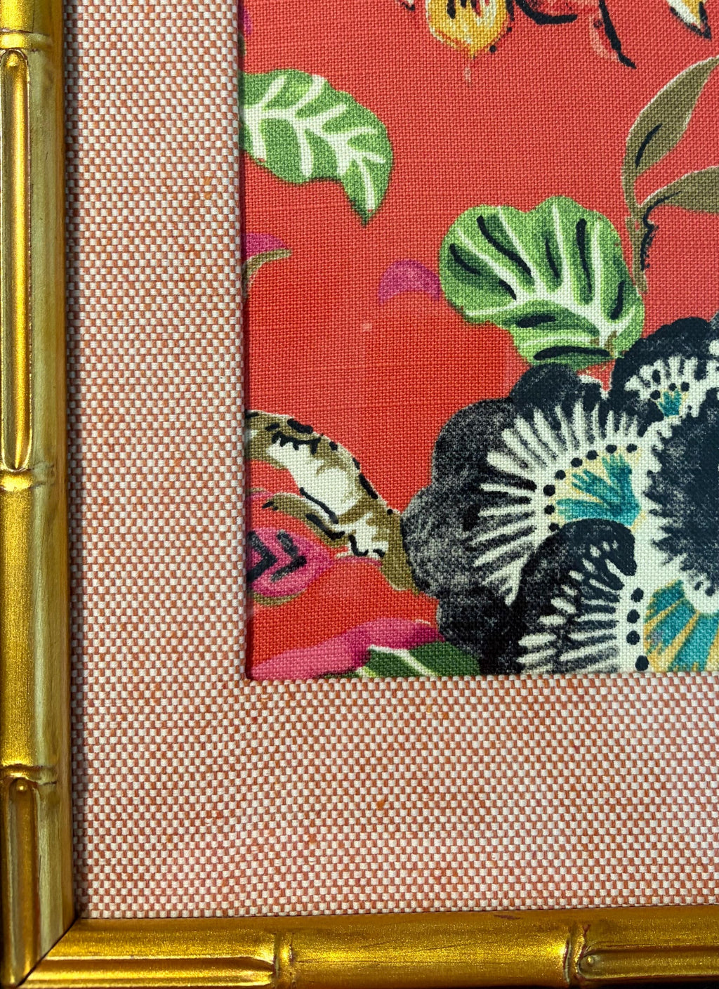 Maximalist Coral Red Floral Fabric Art in Gold Bamboo Frame - Peony & Tropical Foliage Wall Decor 12x15