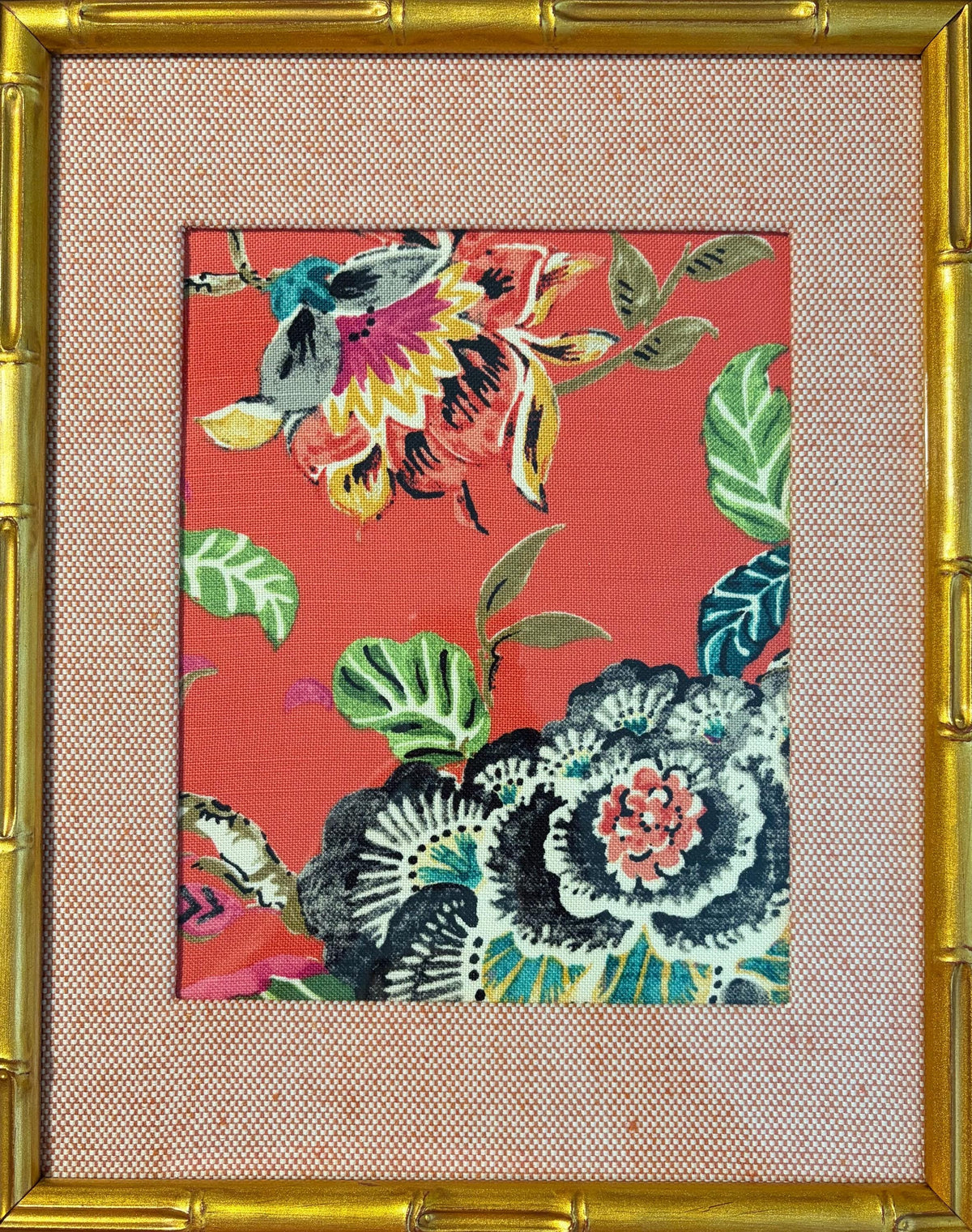 Maximalist Coral Red Floral Fabric Art in Gold Bamboo Frame - Peony & Tropical Foliage Wall Decor 12x15