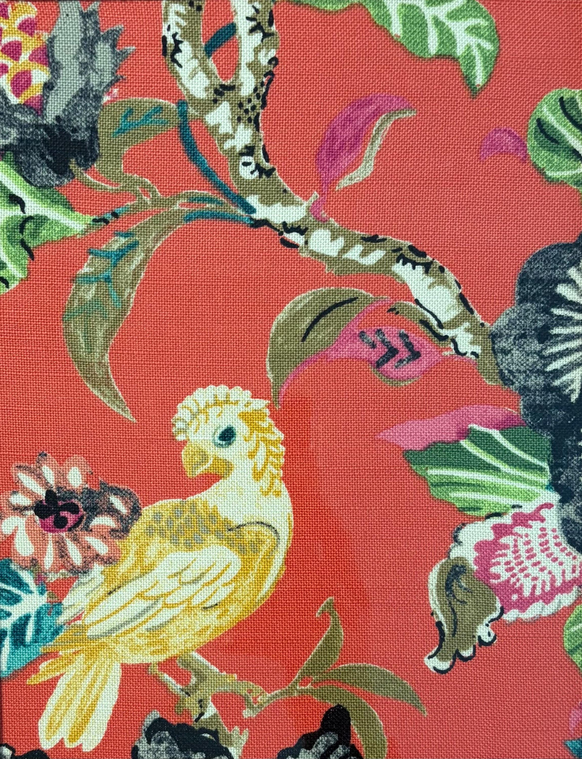 Coral Red Cockatoo Botanical Fabric Art in Gold Bamboo Frame - 12x15 Tropical Bird Wall Decor
