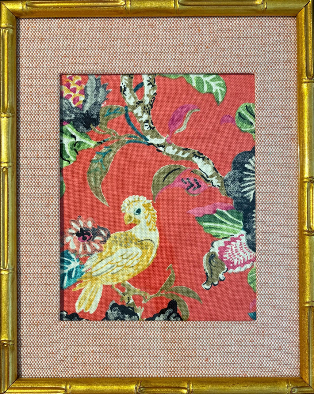 Coral Red Cockatoo Botanical Fabric Art in Gold Bamboo Frame - 12x15 Tropical Bird Wall Decor