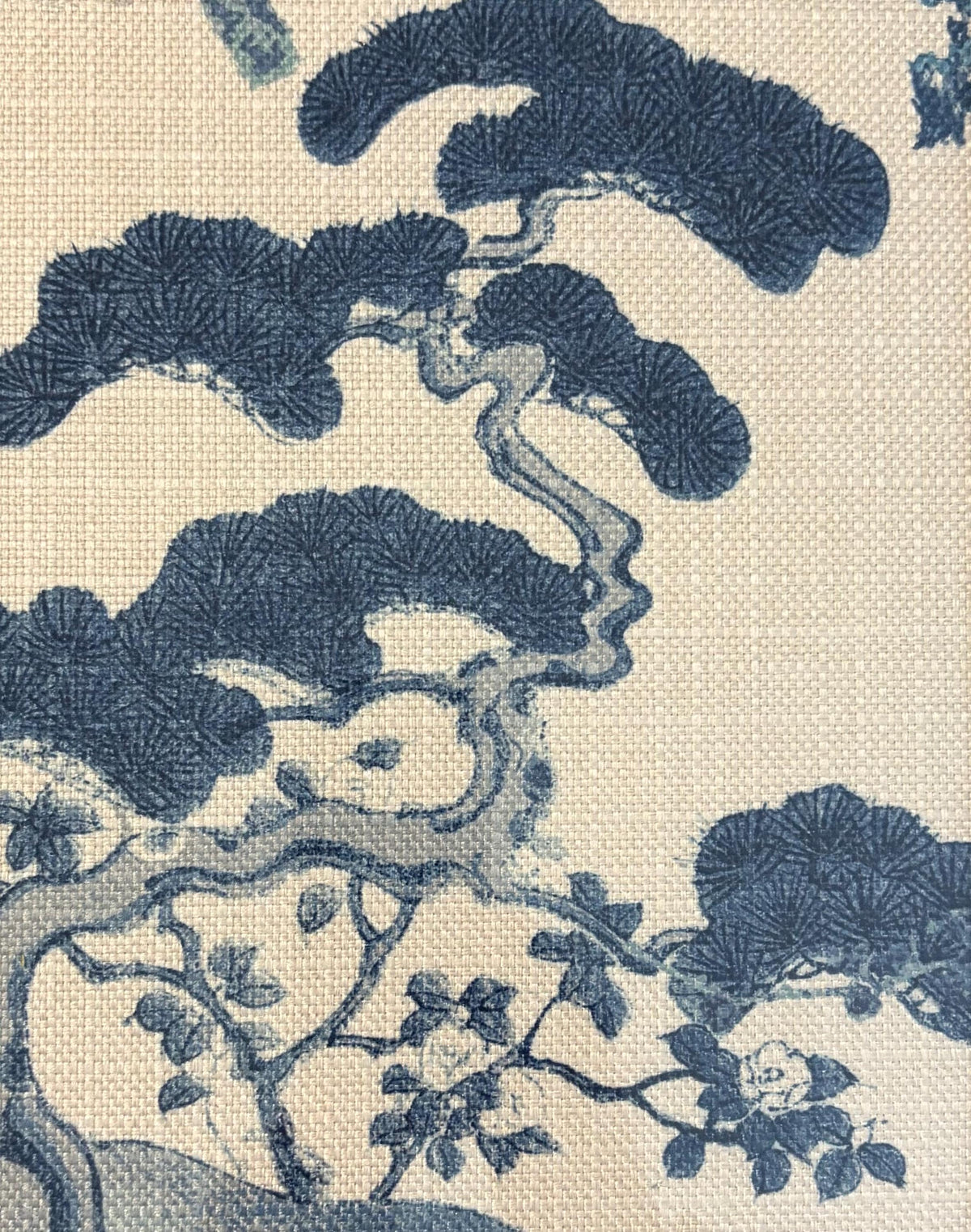 Chinoiserie Pine & Scholar's Rock Fabric Wall Art | 12x15 Gold Bamboo Frame | Zen Indigo