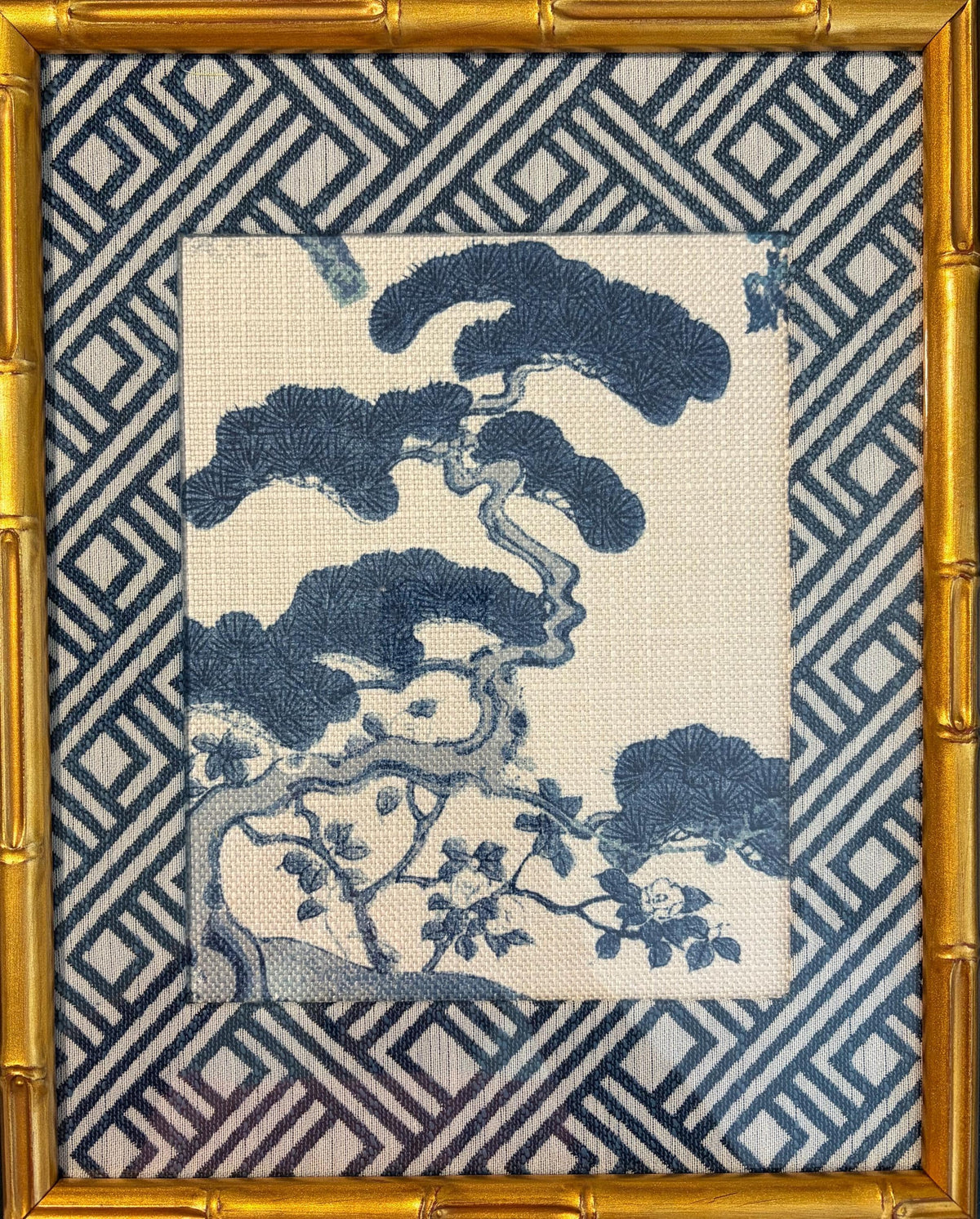 Chinoiserie Pine & Scholar's Rock Fabric Wall Art | 12x15 Gold Bamboo Frame | Zen Indigo