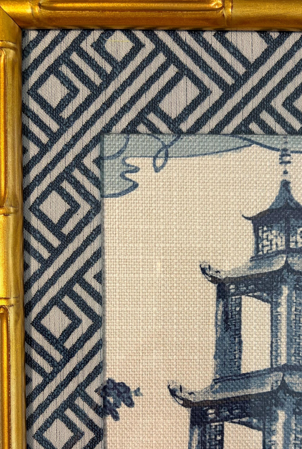 Chinoiserie Pagoda Fabric Wall Art | 12x15 Gold Frame | Zen Indigo
