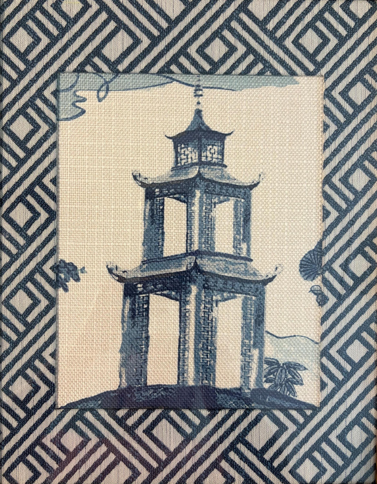 Chinoiserie Pagoda Fabric Wall Art | 12x15 Gold Frame | Zen Indigo