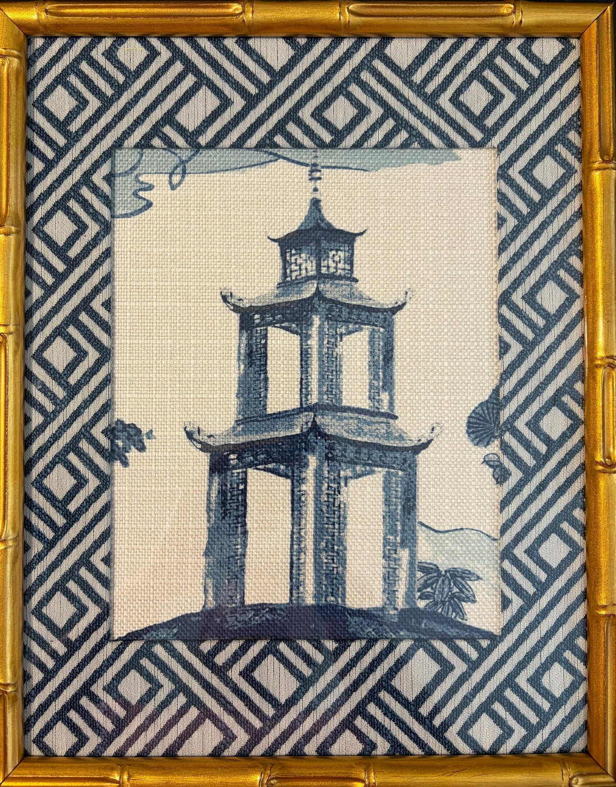 Chinoiserie Pagoda Fabric Wall Art | 12x15 Gold Frame | Zen Indigo