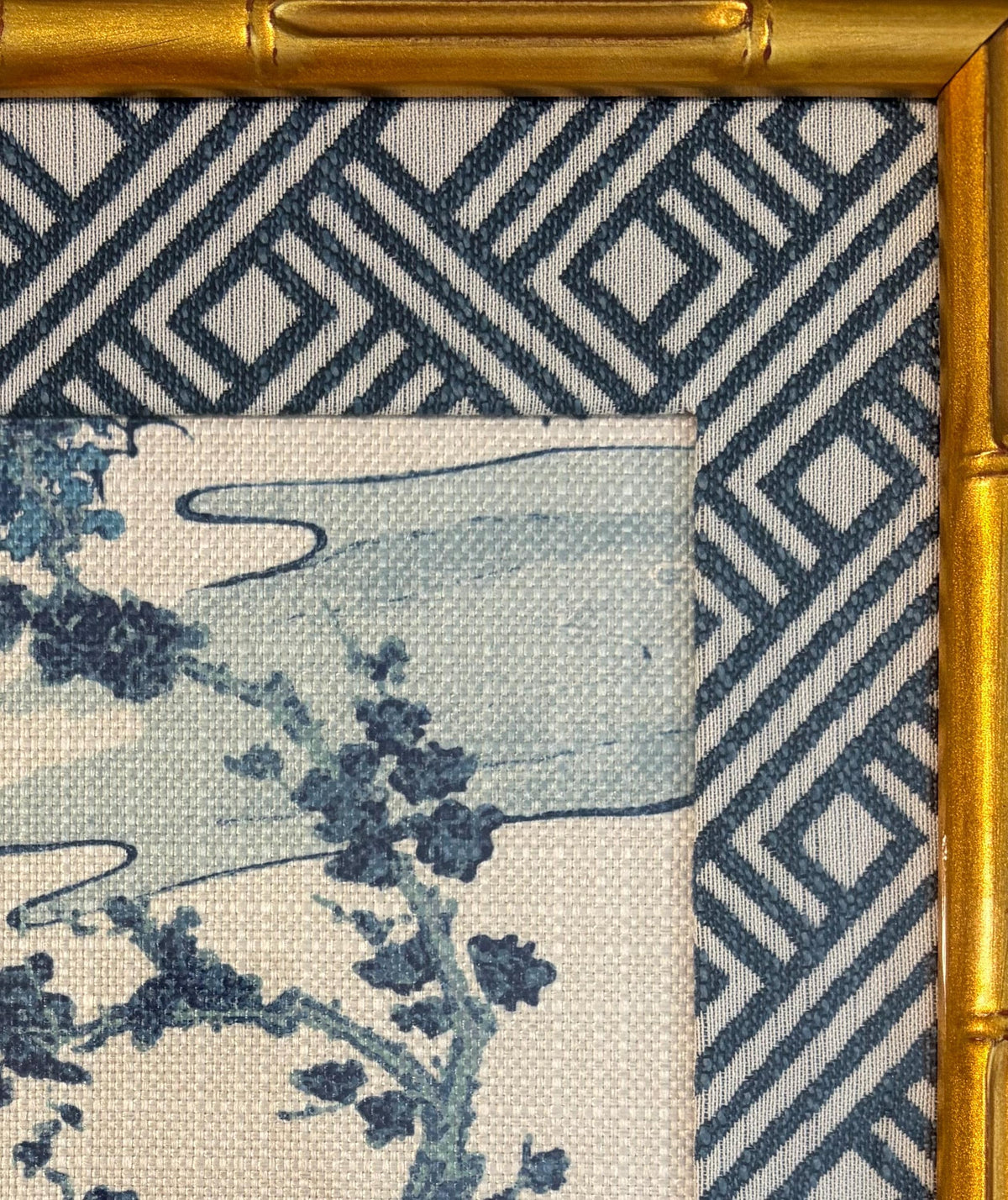 Chinoiserie Indigo Cherry Blossom Fabric Wall Art in Gold Bamboo Frame - Zen Textile Decor 12x15