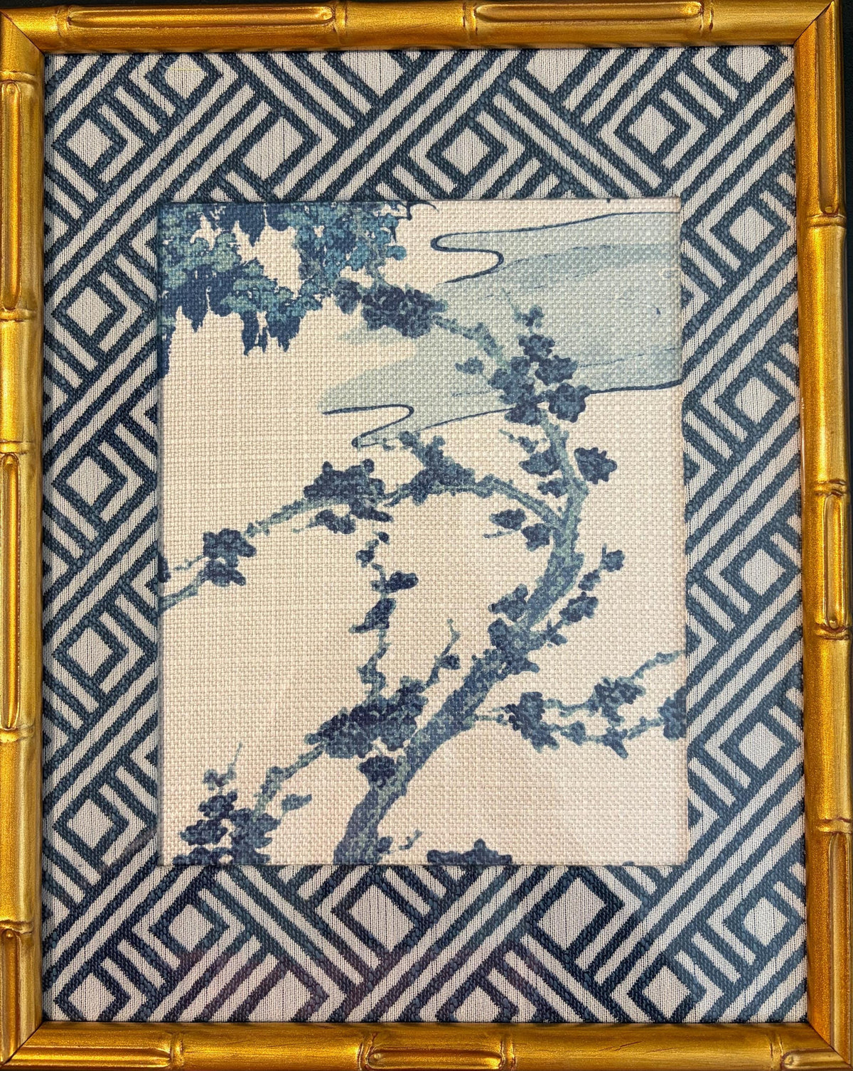 Chinoiserie Indigo Cherry Blossom Fabric Wall Art in Gold Bamboo Frame - Zen Textile Decor 12x15
