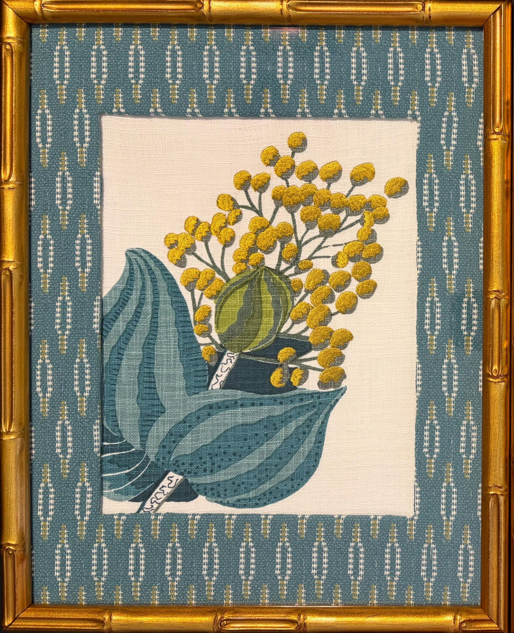 Ballard Designs Emmie Blue Botanical Fabric Art Pair - Gold Framed Wall Decor Set of 2