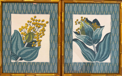 Ballard Designs Emmie Blue Botanical Fabric Art Pair - Gold Framed Wall Decor Set of 2