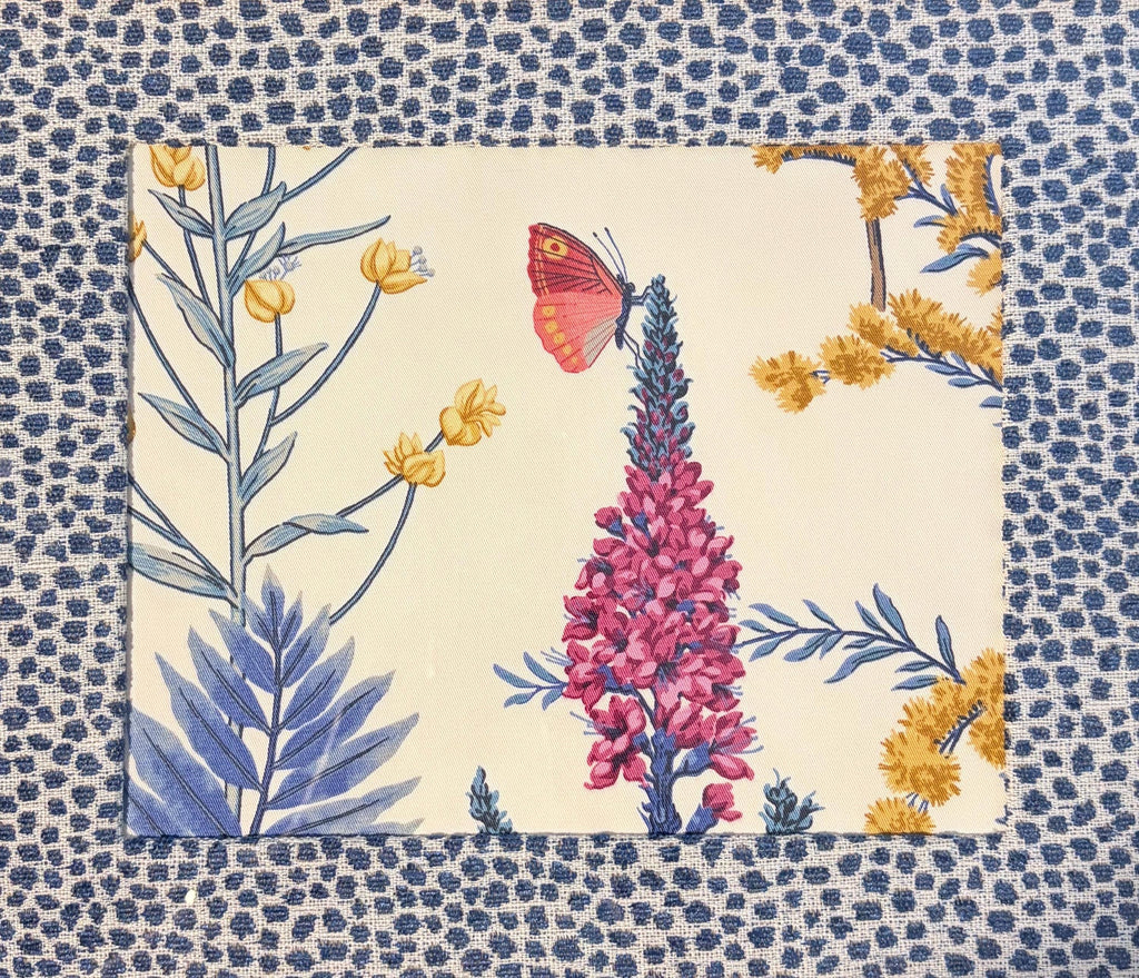 Ballard Designs Isabella Blue Botanical Framed Fabric Wall Art with Tully Dot Mat, Gold Bamboo Frame, 12x15