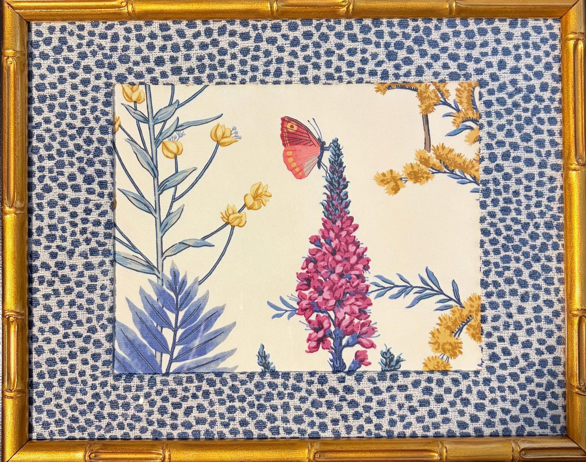 Ballard Designs Isabella Blue Botanical Framed Fabric Wall Art with Tully Dot Mat, Gold Bamboo Frame, 12x15