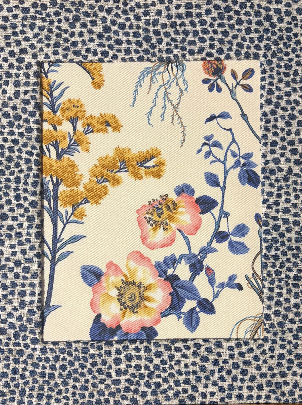 Isabella Blue Fabric Art in Gold Bamboo Frame with Tully Matting, Ballard Designs Style, 12x15